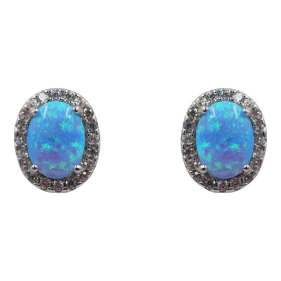 Rhodium plated sterling Silver oval stud earrings with Clear cubic zirconia stones and synthetic Blue opal stones.
Measuring approx 1.1cm x 0.9cm.