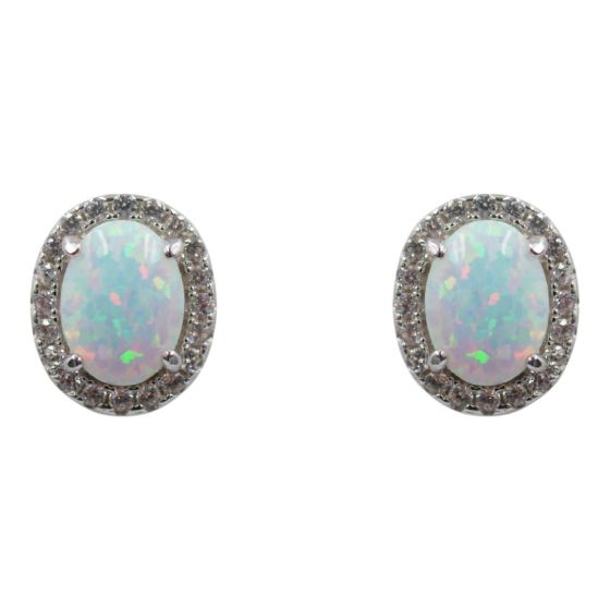 Rhodium plated sterling Silver oval stud earrings with Clear cubic zirconia stones and synthetic White opal stones.
Measuring approx 1.1cm x 0.9cm.
