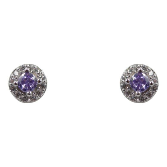 Rhodium plated sterling Silver stud earrings with Clear and Amethyst cubic zirconia stones.
