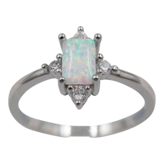 Rhodium plated sterling Silver ring with synthetic White Opal and Clear cubic zirconia stones.