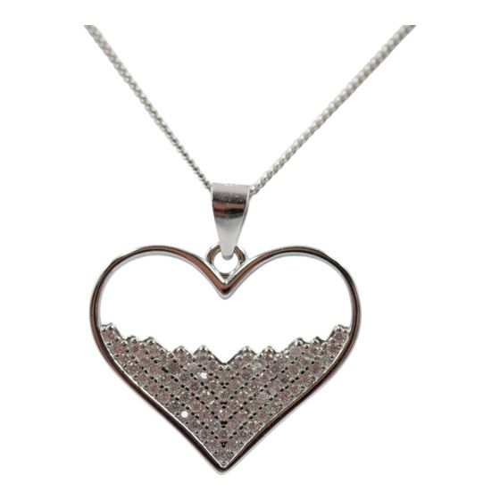 Rhodium plated sterling Silver heart pendant with Clear cubic zirconia Stones.
