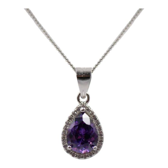 Rhodium Plated Sterling Silver pendant with Clear and Amethyst CZ stones.
