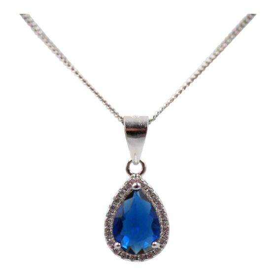 Rhodium Plated Sterling Silver pendant with Clear and Sapphire CZ stones.
