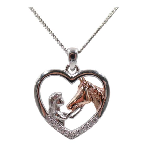 Rhodium plated sterling Silver Heart, girl and horse design pendant with Clear cubic zirconia stones.
