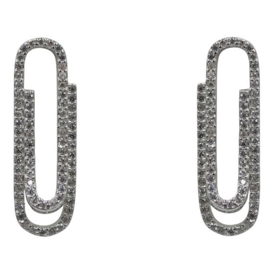 Rhodium plated sterling Silver paper clip design stud earrings with Clear cubic zirconia stones.
