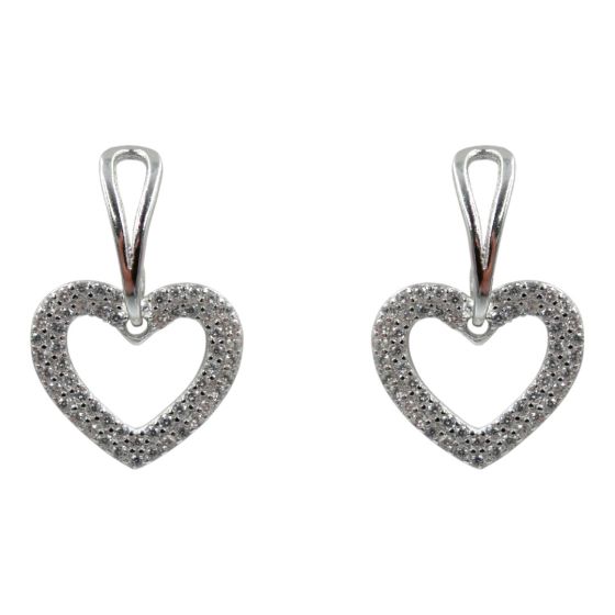 Rhodium plated sterling Silver heart design drop earrings with Clear cubic zirconia stones.
