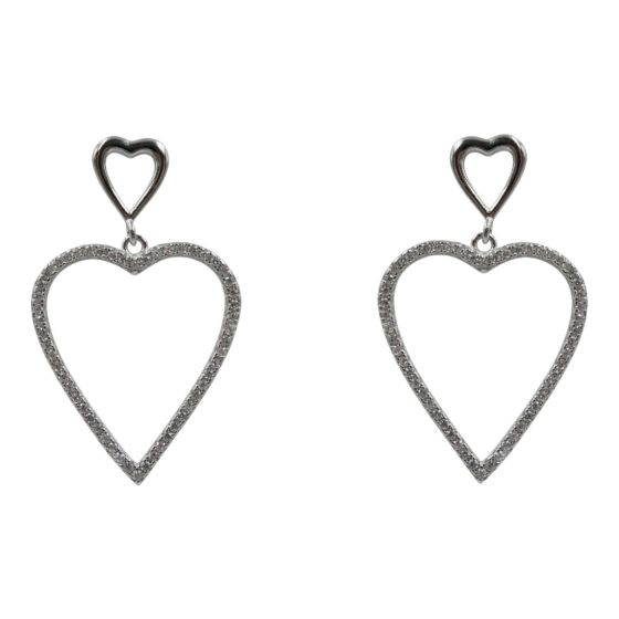 Rhodium plated sterling Silver heart design drop earrings with Clear cubic zirconia stones.
