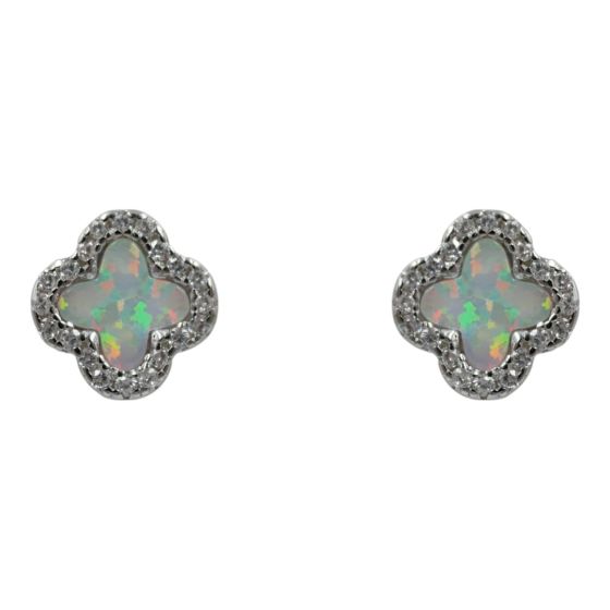 Rhodium plated sterling Silver flower design stud earrings with Clear cubic zirconia stones and synthetic White Opal.
