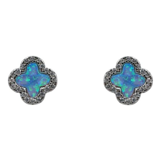 Rhodium plated sterling Silver flower design stud earrings with Clear cubic zirconia stones and synthetic Blue Opal.
