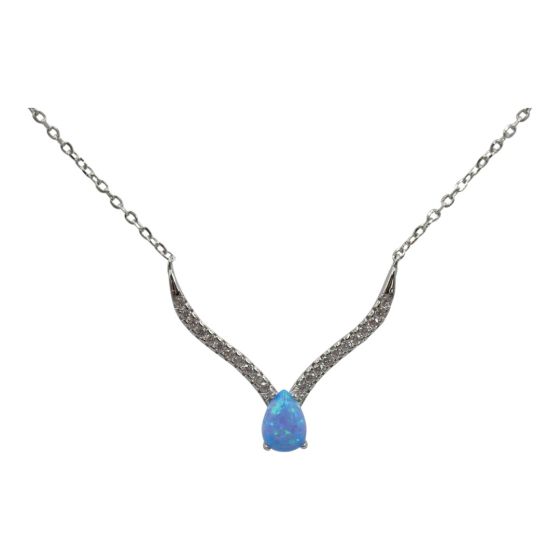 Rhodium plated sterling Silver necklace with Clear cubic zirconia stones and a synthetic Blue opal stone.
