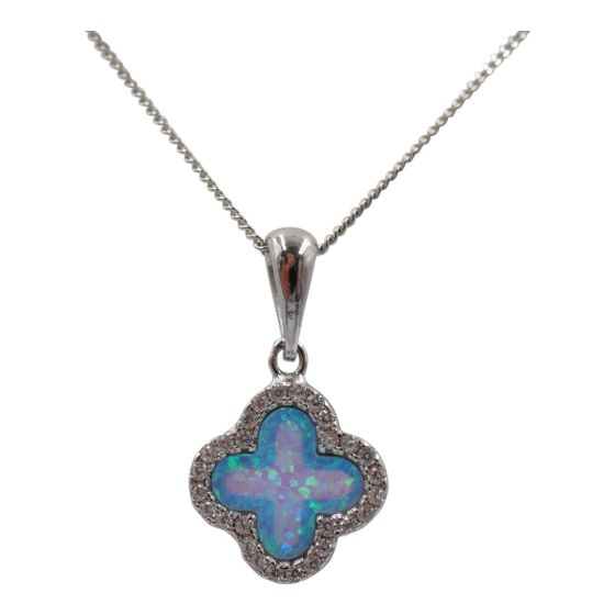 Rhodium plated sterling Silver flower design pendant with Clear cubic zirconia stones and synthetic Blue Opal.
