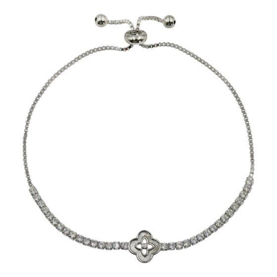 Rhodium plated sterling silver flower design bracelet with Clear cubic zirconia stones, with a lariat fastening.