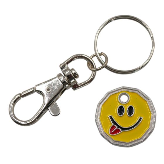 Rhodium colour plated smiley face and tongue emoji design trolley coin keyrings with coloured enamelling.
