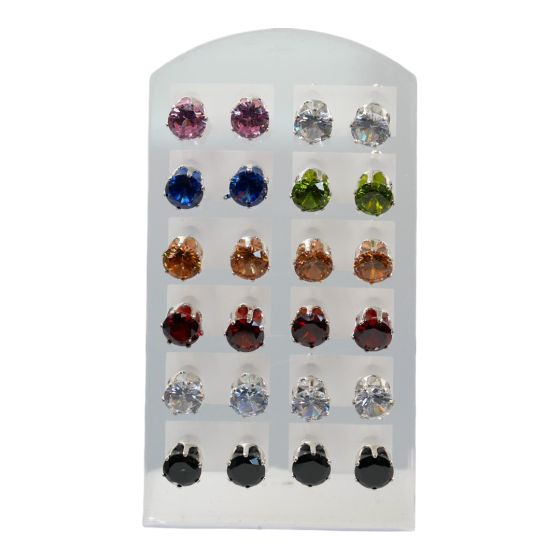 Rhodium colour plated, pierced stud earrings with Clear faceted stones.
In assorted colours of Clear, Rose, Sapphire, Olivine, Topaz, Dark Topaz and Jet.
