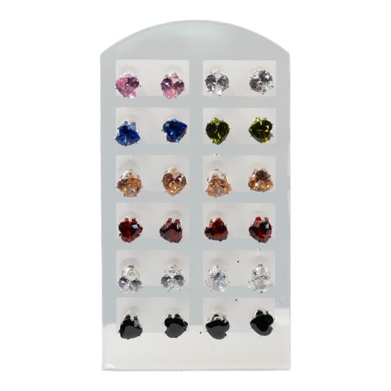 Rhodium colour plated, heart shaped pierced stud earrings.
In assorted colours of Clear, Rose, Sapphire, Olivine, Topaz, Siam and Jet.
