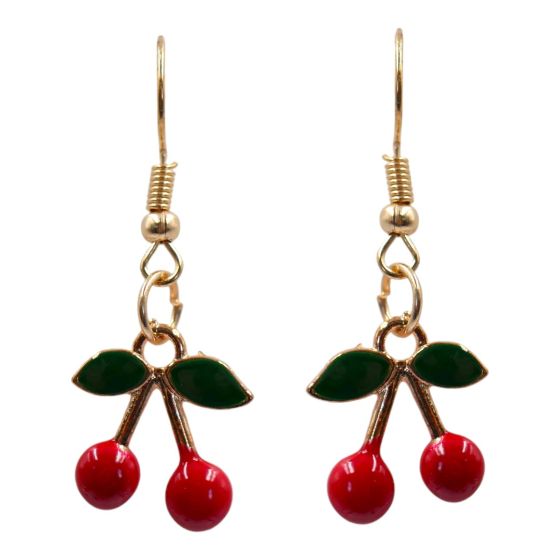 Venetti collection, Gold colour plated cherry design pierced drop earrings with coloured enamelling.
