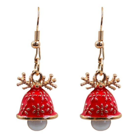 Venetti collection, Gold colour plated Christmas bell design pierced drop earrings with coloured enamelling.
