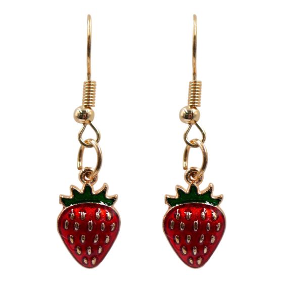 Venetti collection, Gold colour plated strawberry design pierced drop earrings with coloured enamelling.
