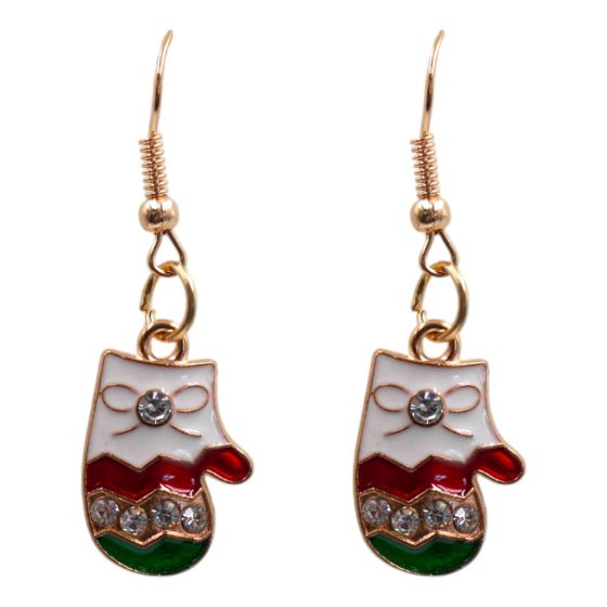 Venetti collection, Gold colour plated Christmas glove design pierced drop earrings with coloured enamelling and genuine Clear crystal stones.
