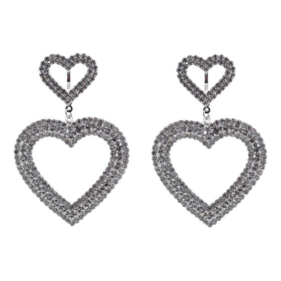 Venetti collection, Rhodium colour plated heart design clip-on drop earrings with genuine Clear crystal stones.
