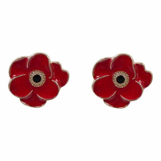 Venetti collection, Gold colour plated poppy design pierced stud earrings with Red and Black enamelling.
