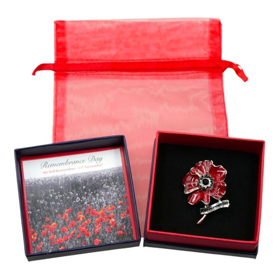 Rhodium colour plated poppy brooch with Red coloured enamelling and genuine Jet crystal stones.
