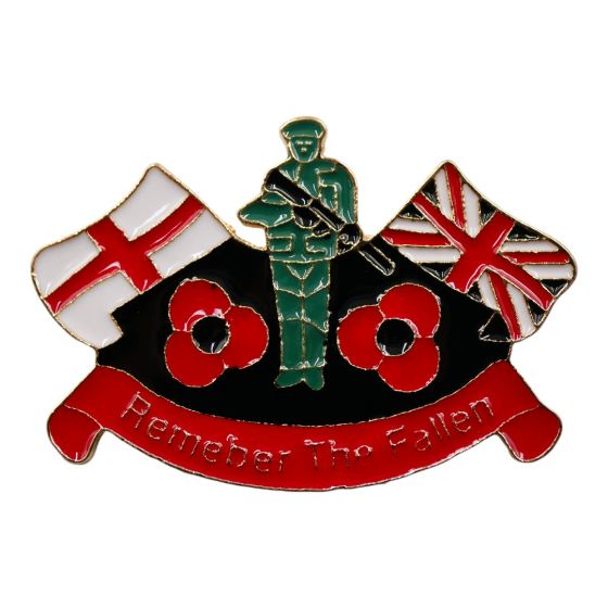 Venetti collection, Gold colour plated soldier and poppy design brooch with coloured enamelling. remembrance day poppy day lest we forgot remember the fallen union jack flag England flag st Georges flag 
