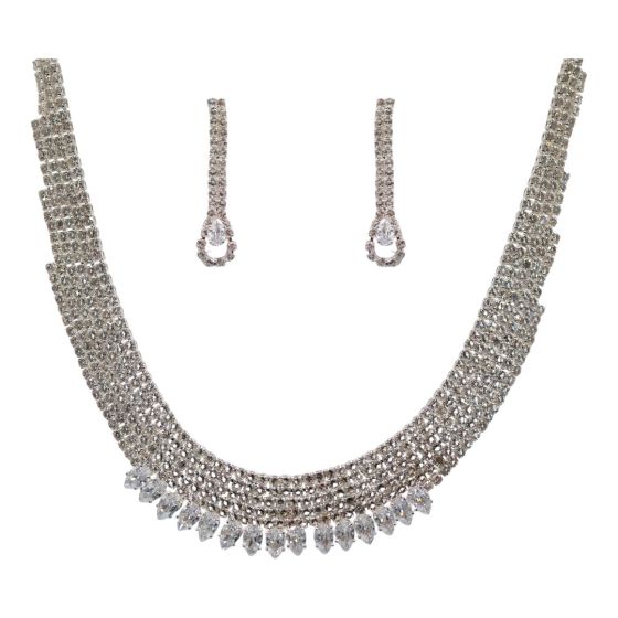 Rhodium colour plated necklace and pierced drop earrings set with genuine Clear crystal stones  evening bridal wedding prom jewellery
