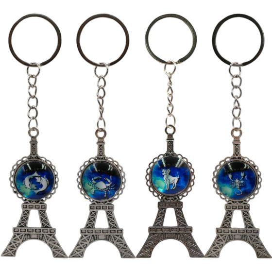 Oxidised Rhodium colour plated Eiffel tower design keyring with zodiac star sign detail.
In assorted zodiac designs.
