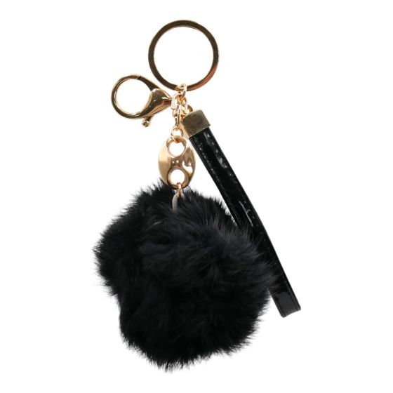 Gold colour plated faux fur pom pom and wrist strap bag charm/keyring.