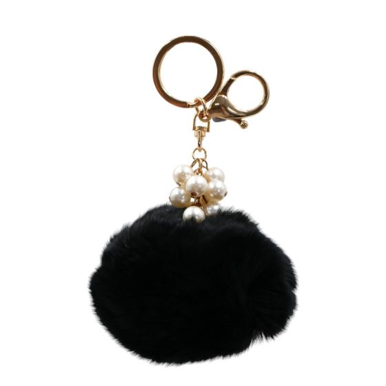 Gold colour plated faux fur pom pom and imitation pearls bag charm/keyring.
