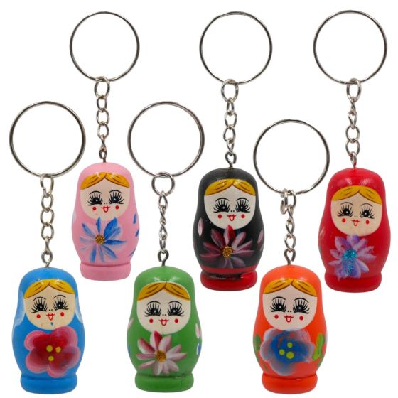 Hand painted, wooden doll keyrings.
In 12 assorted colours.
