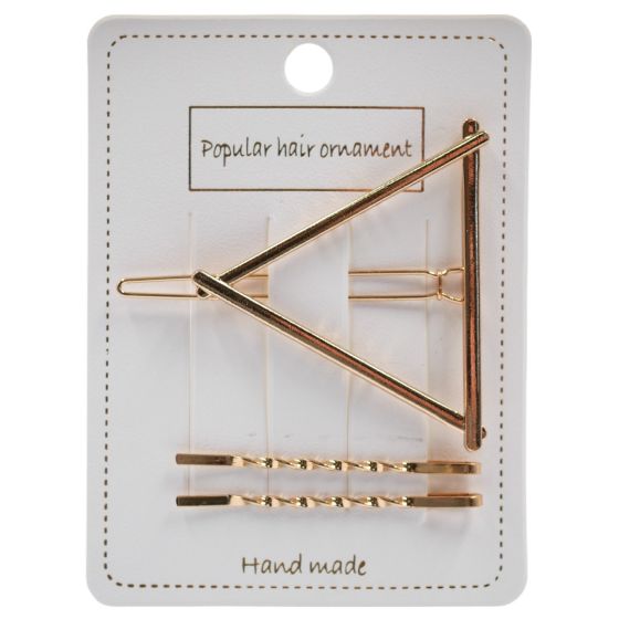 Gold colour plated twist hair slides and triangle clip.
