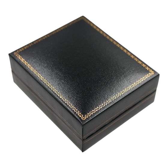 Classic Black leatherette deep pendant box with a Gold colour trim, Black velvet and White satin interior.
