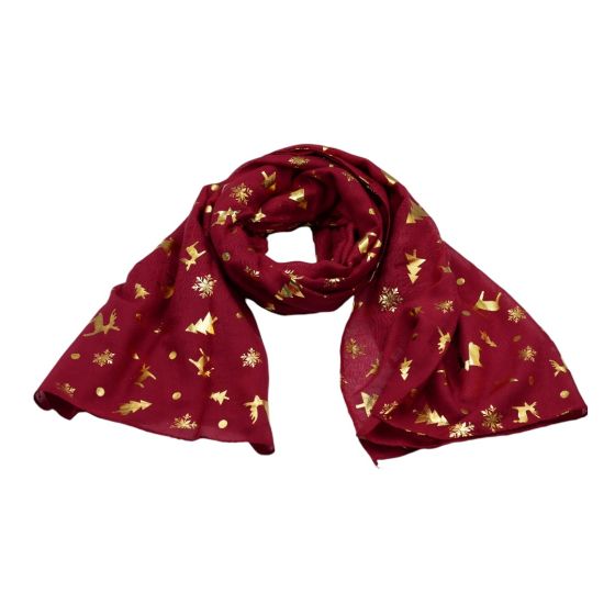 Cotton feel maxi scarves decorated with Gold colour foil snow flakes, Reindeer and Christmas trees.
