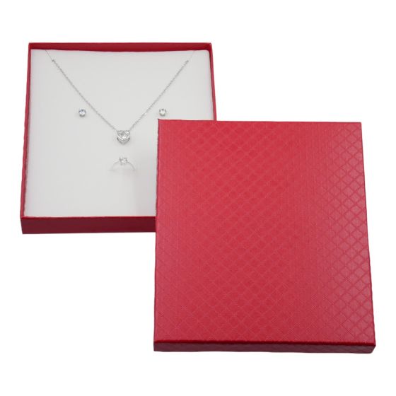 Slim line textured Red card universal box with a White velvet covered foam insert.
