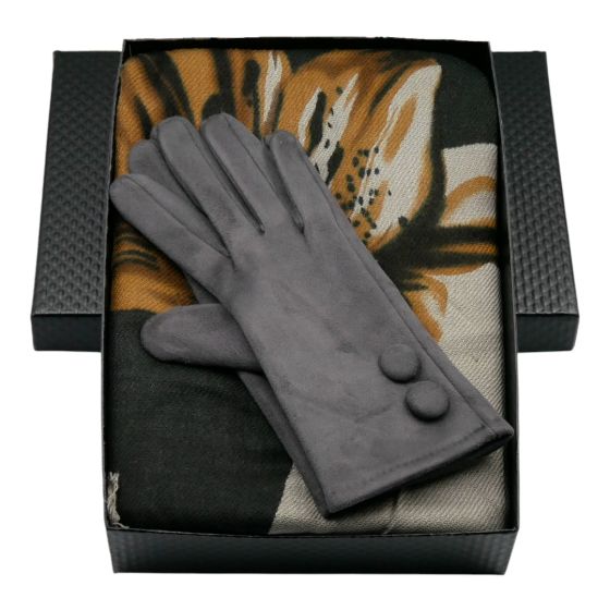 Ladies boxed gift set includes a Black card gift box, a lilly design pashmina scarf and a pair of suedette Grey gloves.
