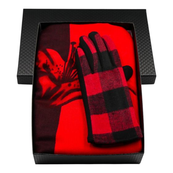 Ladies boxed gift set includes a Black card gift box, a lilly design pashmina scarf and a pair of checked design gloves.
