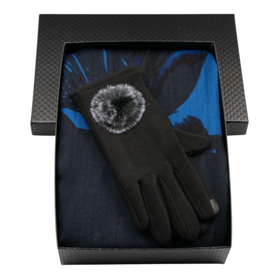 Ladies boxed gift set includes a Black card gift box, a lilly design pashmina scarf and a pair of Black gloves.
