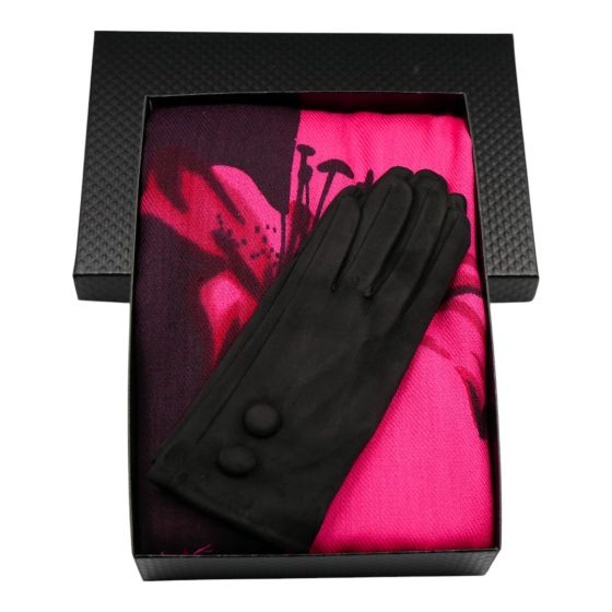 Ladies boxed gift set includes a Black card gift box, a lilly design pashmina scarf and a pair of suedette Black gloves.
