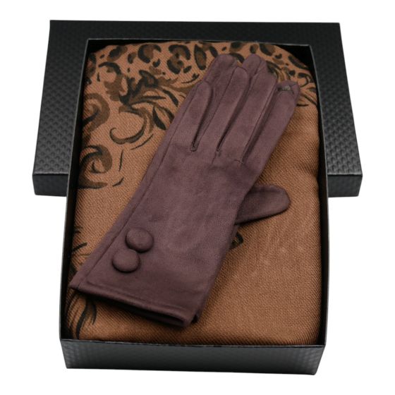 Ladies boxed gift set includes a Black card gift box, a animal print & floral design pashmina scarf and a pair of suedette Brown gloves.
