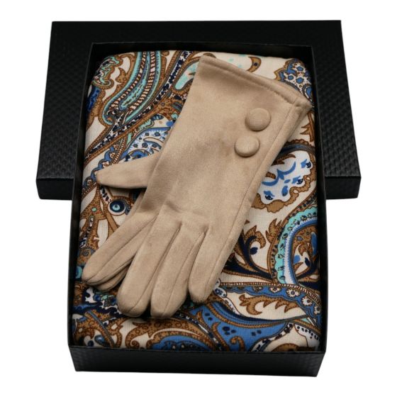 Ladies boxed gift set includes a Black card gift box, Paisley design endless loop scarf and a pair of suedette Beige gloves.
