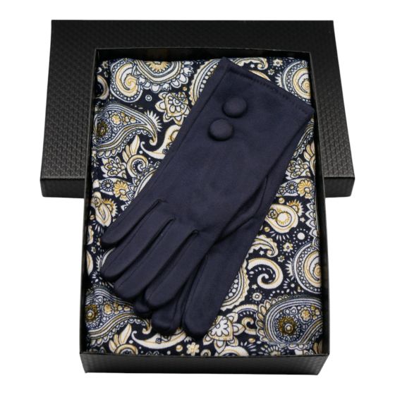 Ladies boxed gift set includes a Black card gift box, Paisley design endless loop scarf and a pair of suedette Navy gloves.
