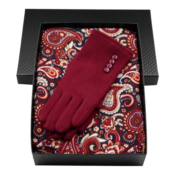 Ladies boxed gift set includes a Black card gift box, Paisley design endless loop scarf and a pair of suedette Burgundy gloves.