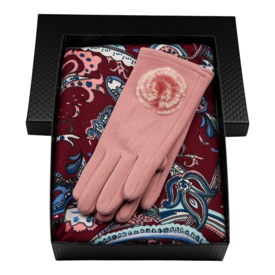 Ladies boxed gift set includes a Black card gift box, Paisley design endless loop scarf and a pair of suedette Pink gloves.
