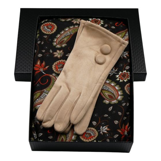 Ladies boxed gift set includes a Black card gift box, Paisley design endless loop scarf and a pair of suedette Beige gloves.
