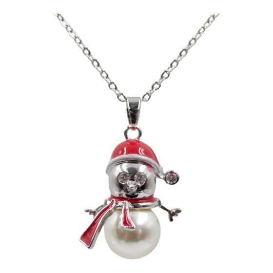 Rhodium colour plated snowman design pendant decorated with genuine Clear crystal stones, coloured enamelling and a White imitation pearl.
