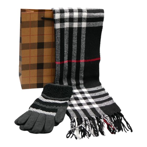 Complete gents gift set includes a tartan design scarf, stretch knitted gloves and a tartan print gift bag.
