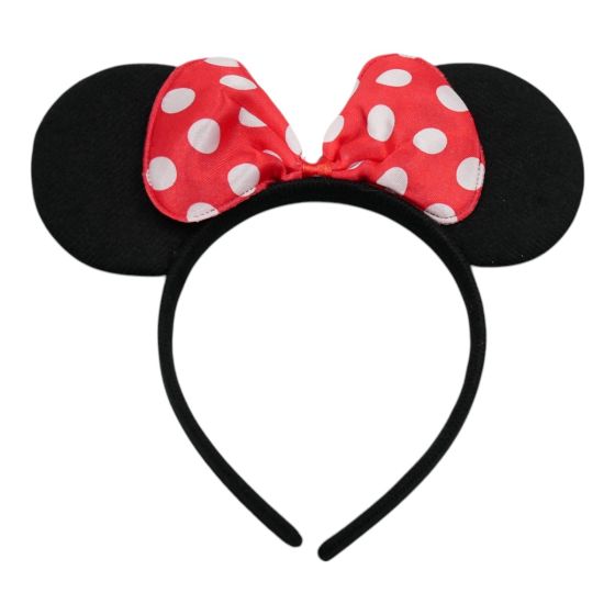 Black velvet feel alice band mouse ears, decorated with satin polka dot bow detail

Measuring approx.: 23 cm x 21 cm, Band measuring approx 1.5cm wide

Pack of 12