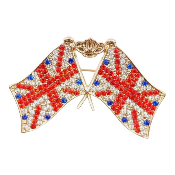 Gold colour plated double Union Jack flag and crown design brooch with Clear, Siam and Sapphire genuine crystal stones

Measuring approx. 4.5 cm wide x 3 cm long

Pack of 3